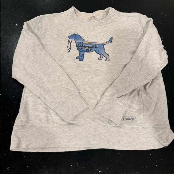 Life Is Good Heather Gray Sweatshirt with Blue Dog Design Macro Micro Dogscape - Picture 4 of 8